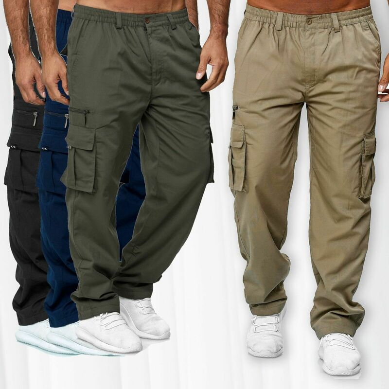 Casual masculino multi-bolso soltas calças de ferramental reto, calças de fitness ao ar livre