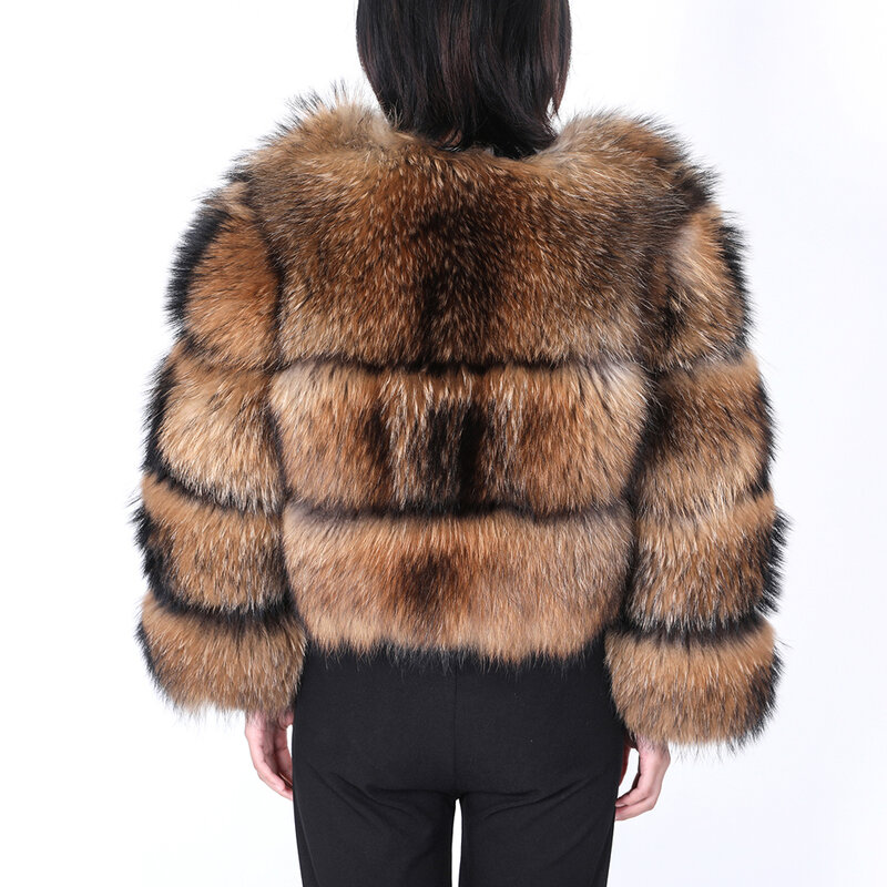 Manteau en fourrure de raton laveur naturel pour femme, veste longue en cuir, parkas chaudes, renard argenté, hiver