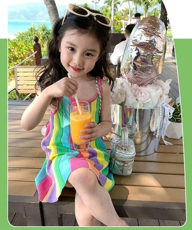 فستان أميرة بألوان قوس قزح بتصميم مخطط للفتيات ، موضة الشاطئ