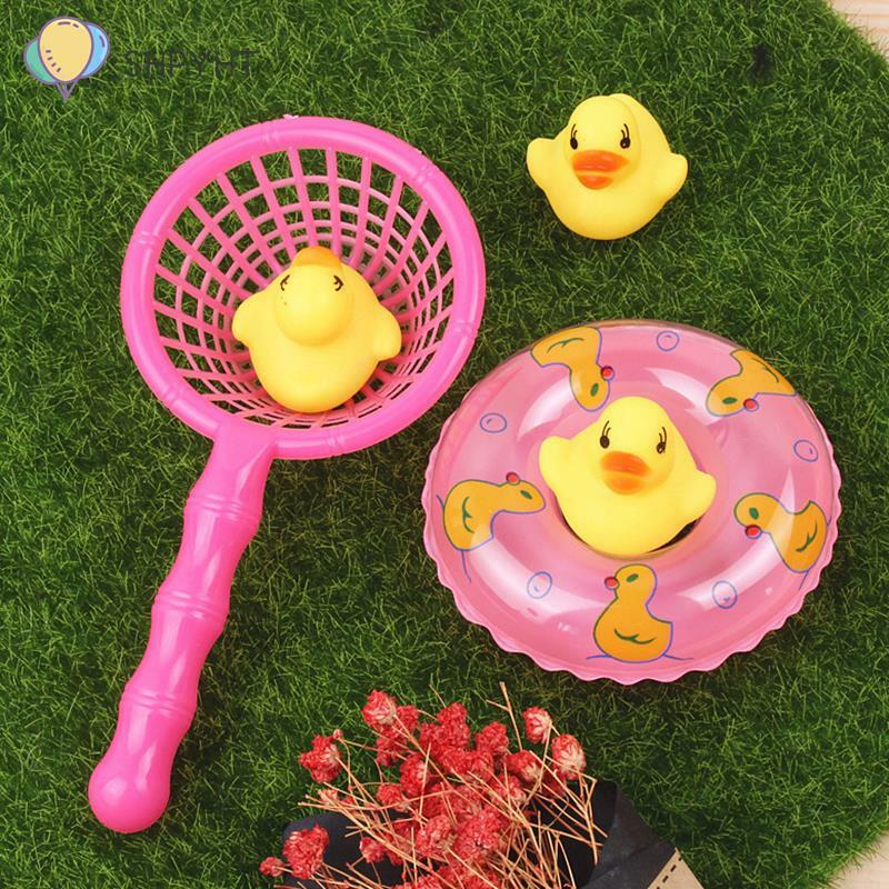 1 Set Baby Badkamer Water Zwembad Grappig Speelgoed Voor Meisjes Jongens Geschenken Visnet Zwemmen Rubber Float Piepgeluid Eend Bad Speelgoed