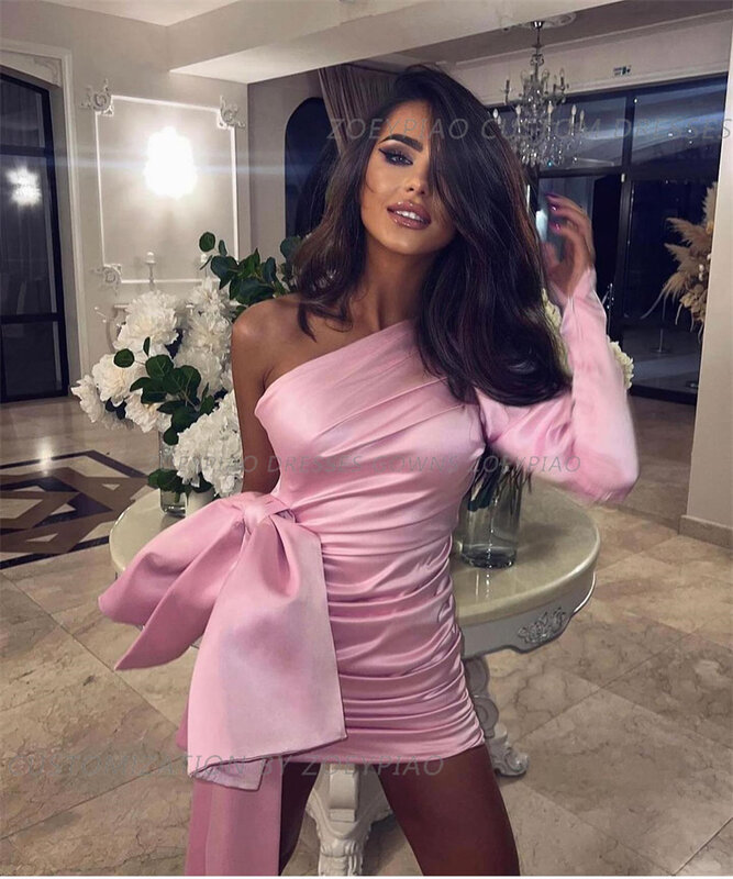 One Shoulder Cocktail Formal Club Prom Dresses One Sleeve Satin Hot Pink Vintage Simple Evening Gowns Formal Party Dress