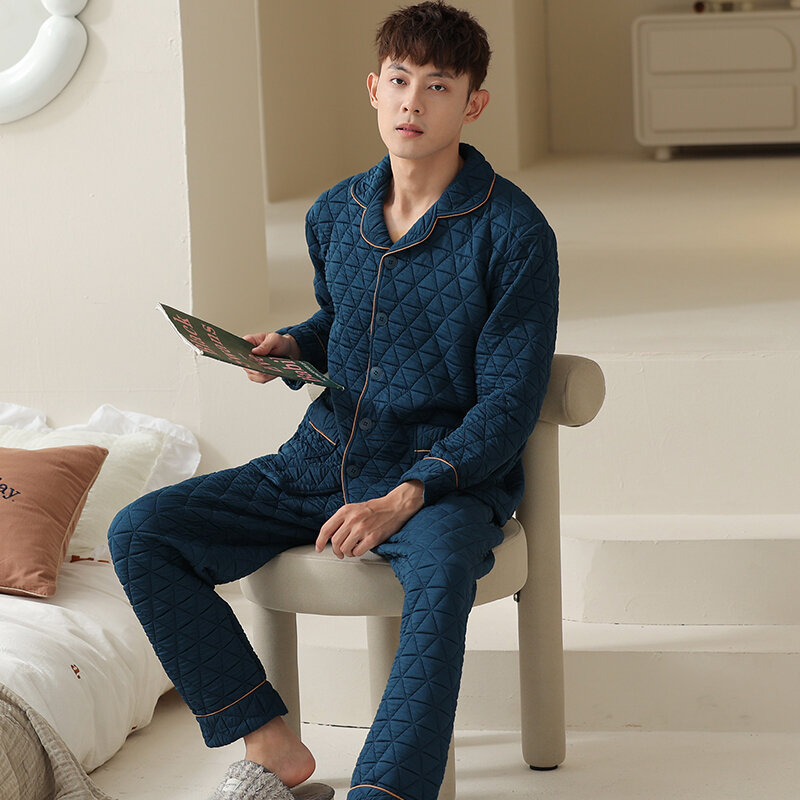 Pijama laminado de algodão masculino, terno acolchoado de 3 camadas, mangas compridas para homens, serviço doméstico quente, quintal grande, outono e inverno