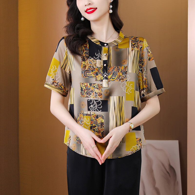 Женская шелковая рубашка с принтом, свободная приталенная рубашка с круглым вырезом и коротким рукавом, лето 2023