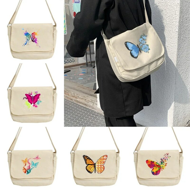Bolsa de mensajero Retro multifunción para mujer, bolso de hombro estilo universitario Harajuku, portátil, con patrón de mariposa