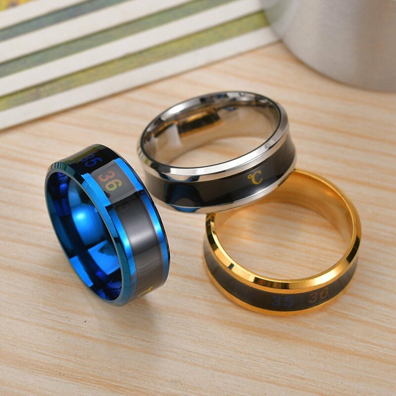 Multifuncional impermeável inteligente temperatura par anel, titânio aço dedo jóias, ponta do dedo temperatura senso, inteligente