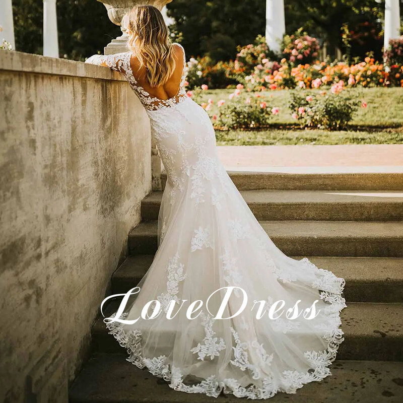 # LD79 suknia ślubna z dekoltem w serek z długim rękawem koronkowe aplikacje Sexy syrenka suknia ślubna iluzja bez pleców Train Vestido De Novia