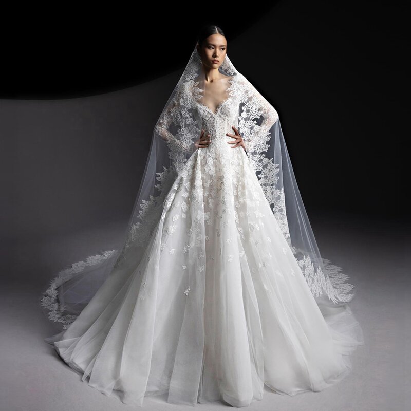 Elegant Lace Appliques Wedding Dresses Pretty Full Sleeves V-neck A Line Bridal Dress Soft Mesh Long Prom Party Gowns No Veil