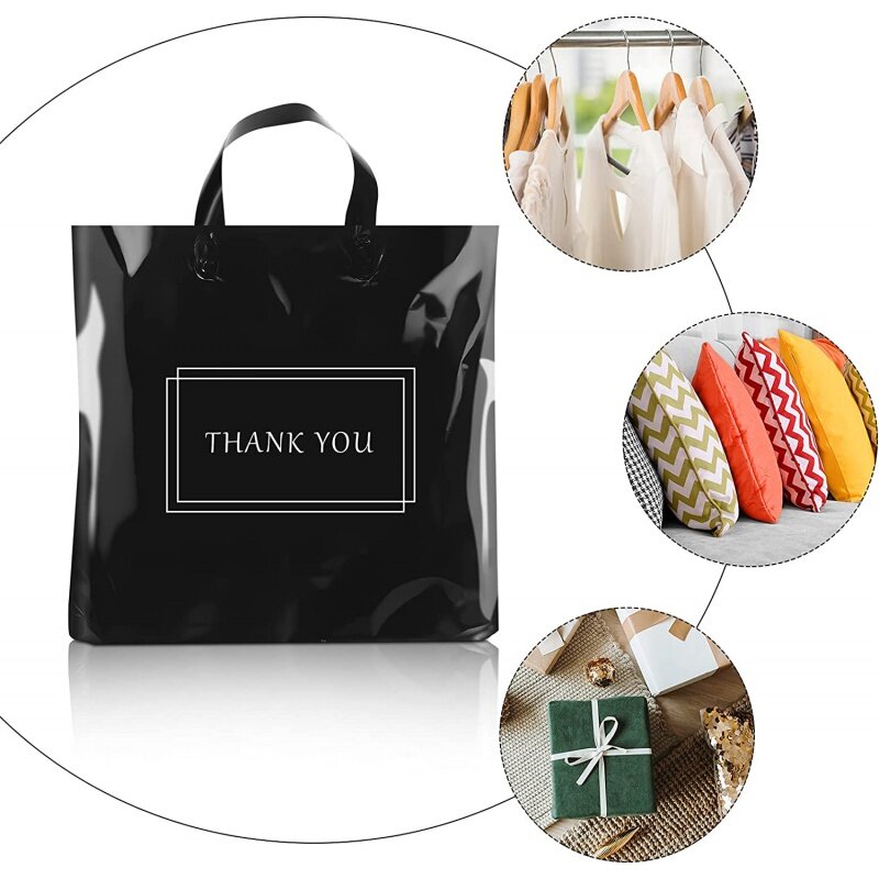 Producto personalizado, bolsas de plástico negras con asa de anillo suave de agradecimiento, logotipo personalizado, ropa de Boutique, negocios de compras, pequeñas empresas