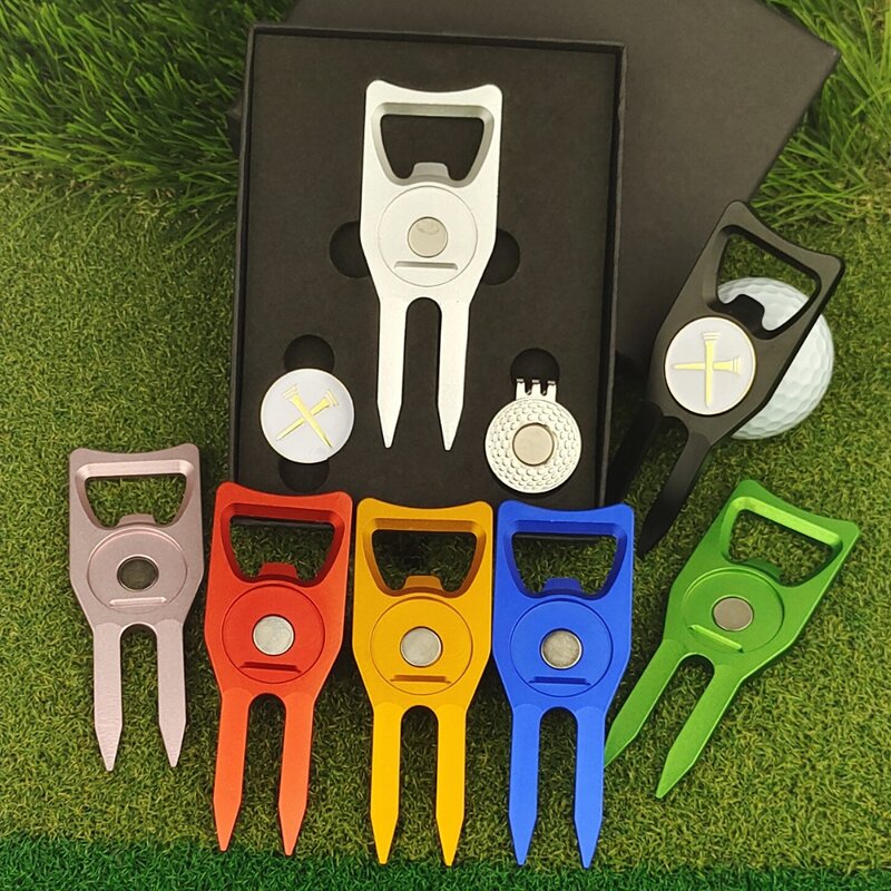 Kotak hadiah Golf Creativ, Set hadiah/penanda bola/klip topi Golf garpu hijau logam