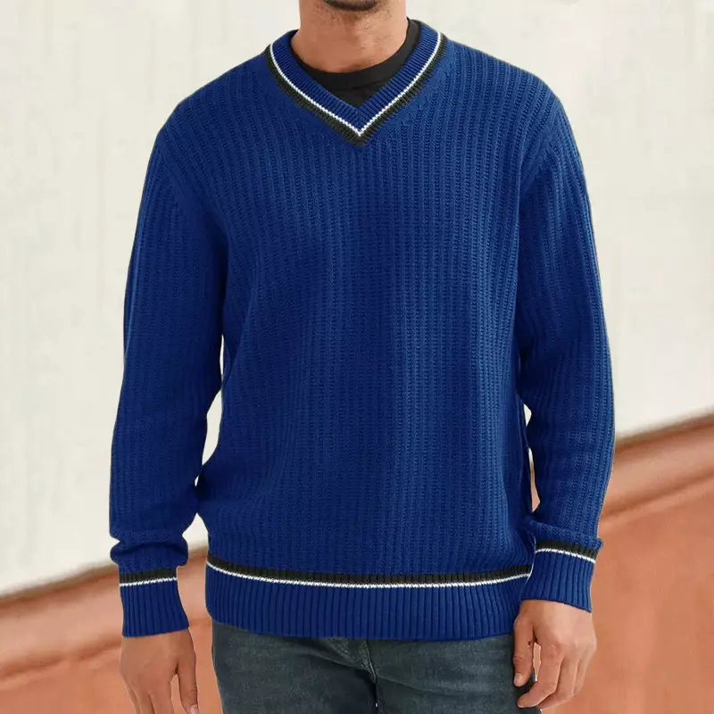 Suéter de manga comprida com gola V masculino, jacquard listrado, jumper de malha, tops casuais, patchwork, streetwear, inverno, moda
