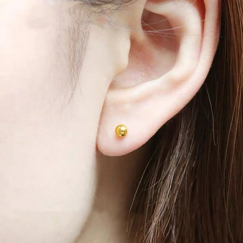 24K 골드 도금 황동 스터드 귀걸이 1 쌍, 여성을 위한 간단한 작은 라운드 볼 귀 스터드, 남성 쥬얼리 4mm 5mm 6mm
