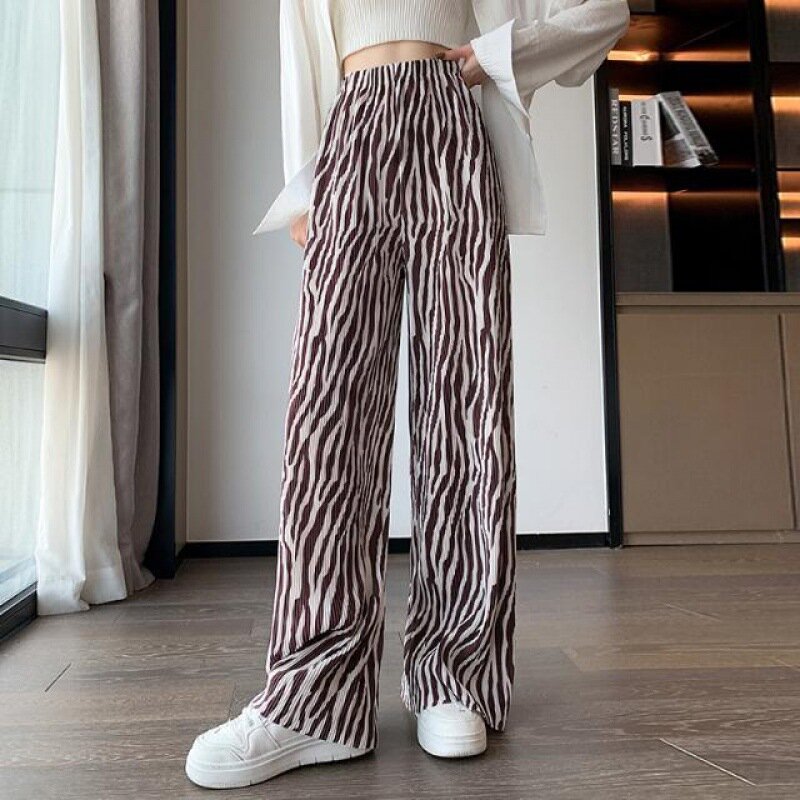 Celana lurus wanita, celana panjang lurus pinggang tinggi elastis kasual longgar saku lipit bercetak dasi komuter Korea musim panas