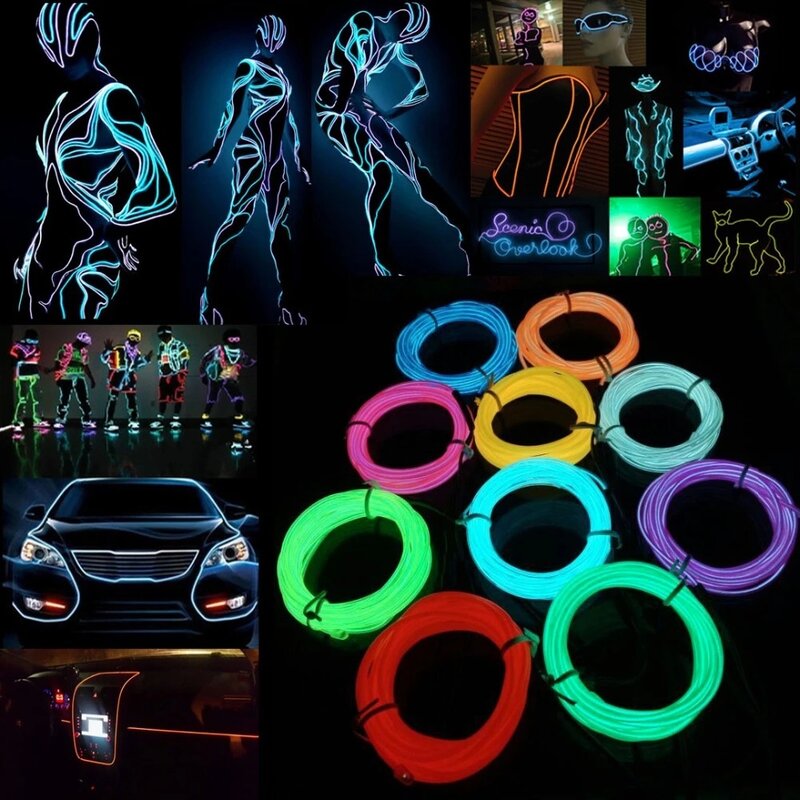 Corda Flexível de Neon Brilho com Adaptador, Tira de LED, Bateria, USB, 12V, Bateria, Carro, Festa, Dança, Decoração Atmosférica, 10m, 5m, 3m, 1m