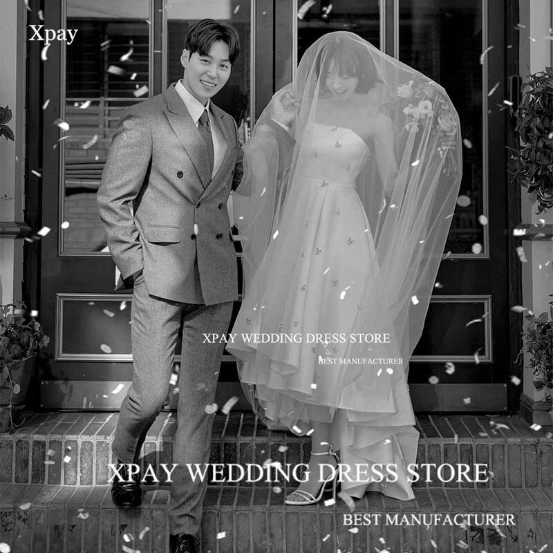 XPAY prosta koreańska krótka suknia ślubna paski Spaghetti zdjęcia bez rękawów z wysokim niskim suknią ślubną bez pleców niestandardowe suknia dla panny młodej