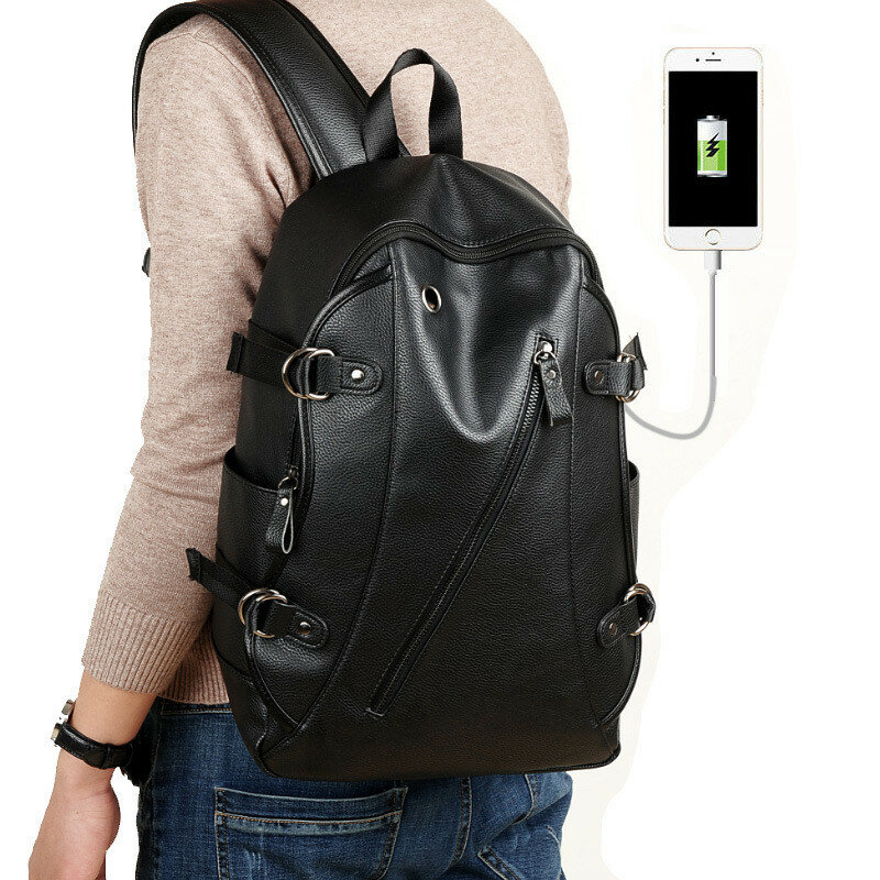 남성용 배낭 외장 USB 충전 방수 배낭, PU 가죽 여행 가방, 캐주얼 학교 가방, 숄더북 백, 블랙 패션