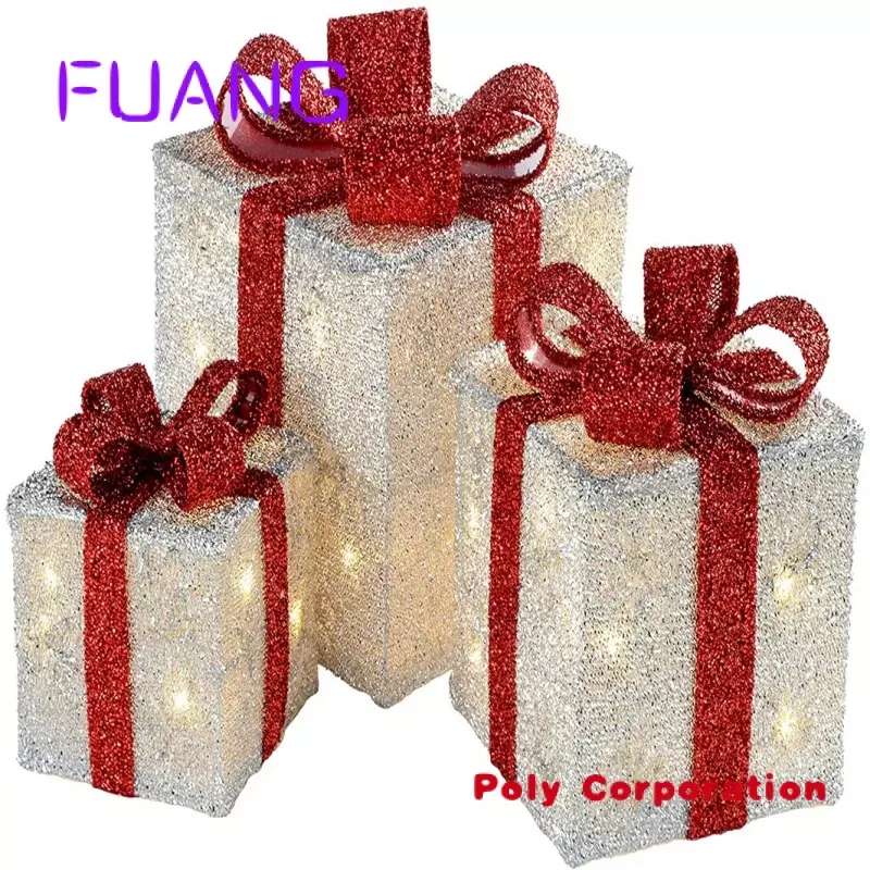 Custom Natal Gift Box Silhueta, Warm White LED Lights, Tinsel Decoração de Natal-Set Opacking Box, Pequeno, 35