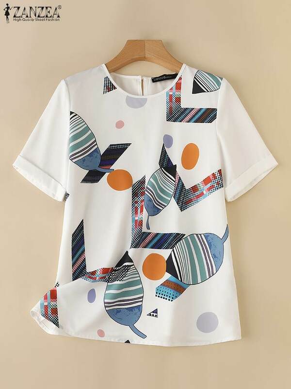 ZABZEA 기하학 프린트 블라우스 반팔 셔츠 여성용, 캐주얼 루즈 라운드넥 상의, 튜닉 패션, 심플 블라우스, 2024 여름