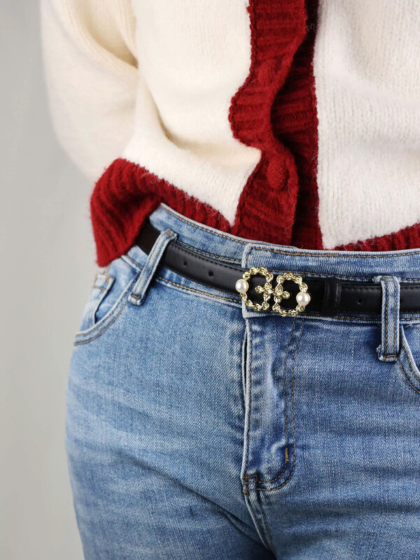 Cinturón Retro de cuero genuino para mujer, hebilla de pin de perla con incrustaciones de metal, decoración de jeans, ropa de trabajo, cinturón ajustable para mujer