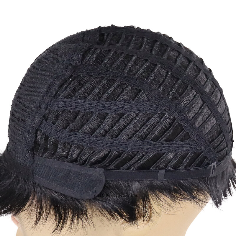 Parrucca nera in fibra sintetica con frangia per uomo maschio morbido taglio corto resistente al calore Costume quotidiano parrucche di ricambio per capelli Cosplay