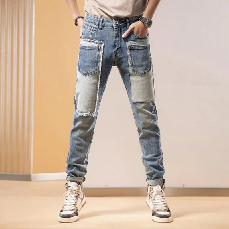 Herren hose 2024 Herbst Winter Jeans für Herren neue Slim Fit kleine Füße hand gespleißt trend ige lässige Herren jeans Herren bekleidung