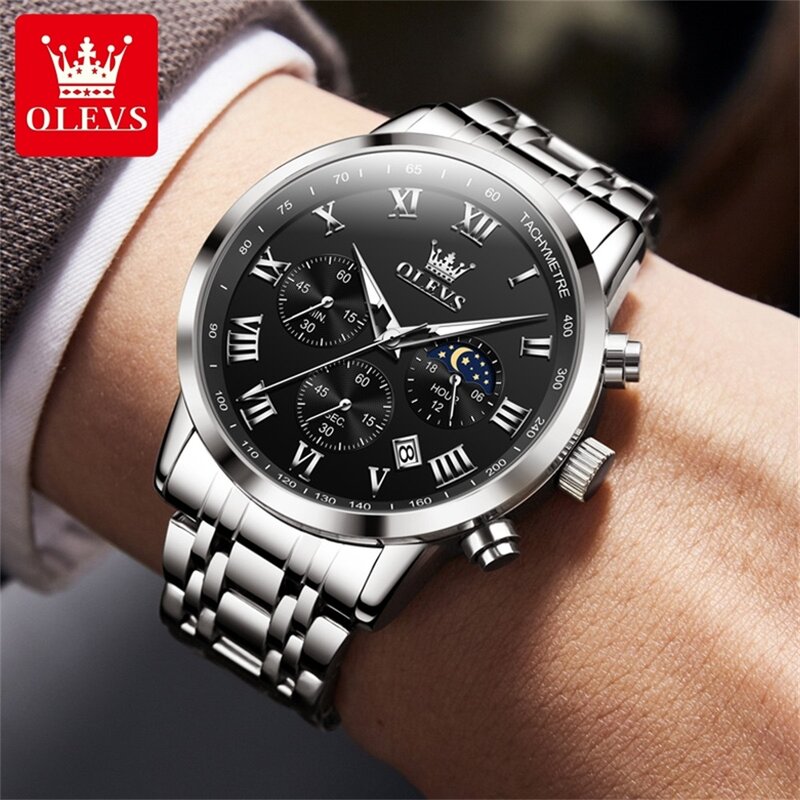 Marka OLEVS wielofunkcyjne oryginalne zegarki męskie chronograf zegarek kwarcowy faza księżyca wodoodporny Trend autentyczny zegarek dla mężczyzn