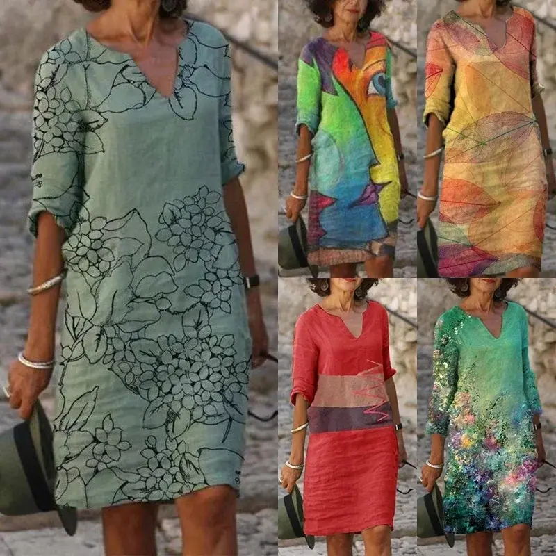 여성용 V넥 반팔 A라인 롱 드레스, 무릎 길이 빈티지 셔츠, 얇고 딱 맞는 대형 드레스, 패션 인쇄, 2023 여름