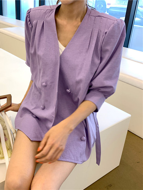 Alien Kitty Spring Summer Elegant 2023 Simple OL Women Blazer Fashion V-Neck Double Breasted Loose Purple Blazers