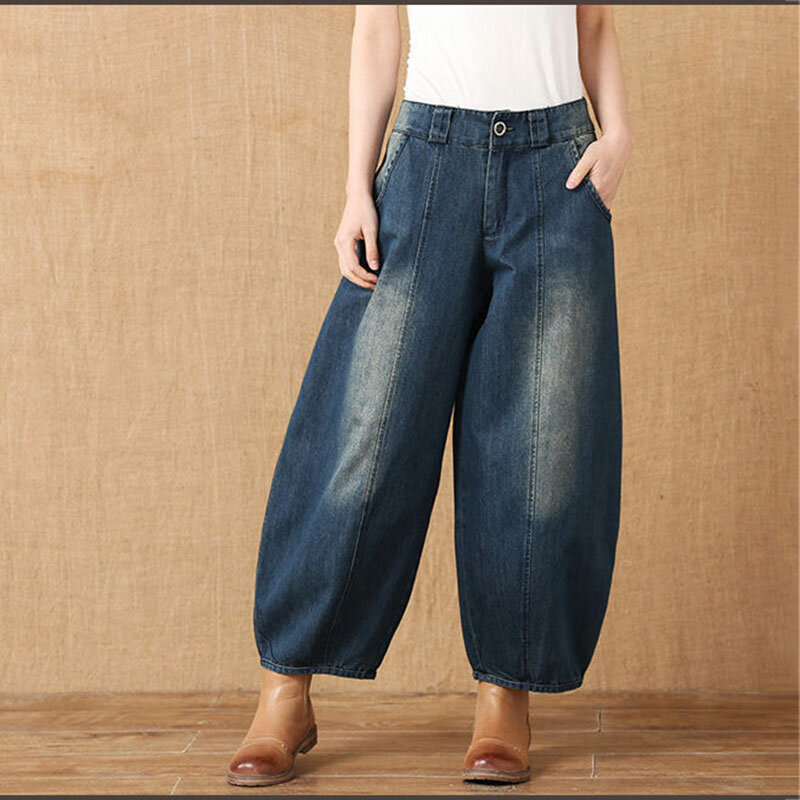 Шаровары женские джинсовые с завышенной талией, повседневные винтажные мешковатые джинсы в стиле оверсайз, бойфренды с широкими штанинами, джинсовые брюки до щиколотки, 34