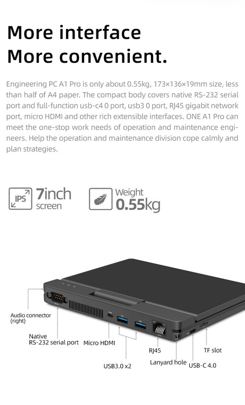 Portátil portátil com tela sensível ao toque, PC engenheiro de netbook, A1 Pro, 7 ", IPS 1200P, Gen11, Intel Core i3-1110G4, Win11, Notebook