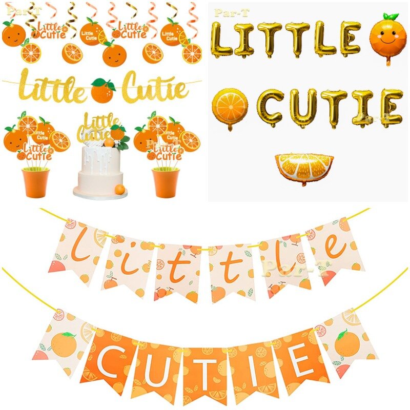 Little Cutie Baby Shower Party Decorations Orange Ceiling Spiral Whirl Cake Topper Cute Fruit Cartoon Backdrop Banner for Kids