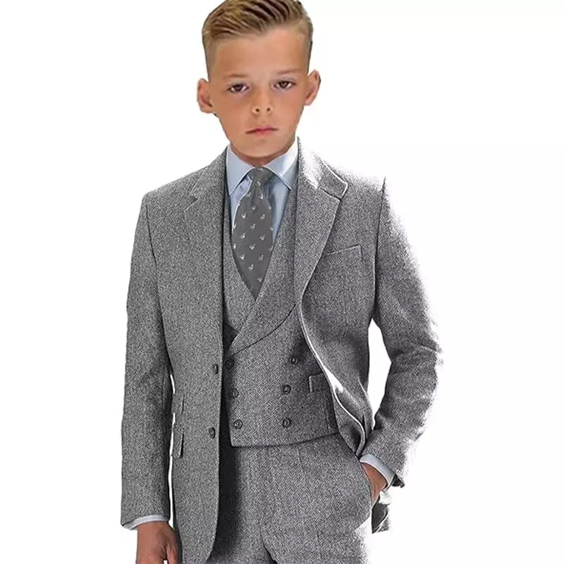 UETEEY-Terno de peito único para meninos, Herringbone Tweed Blazer, calças de colete, portador de anel para crianças, ternos casuais, 3 peças