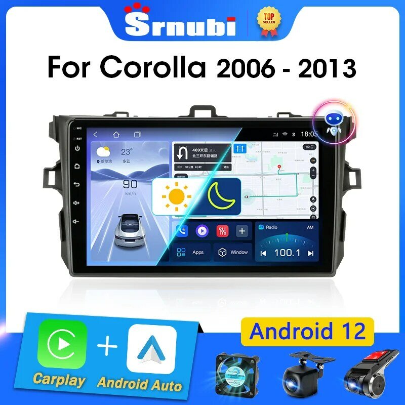 Srnubi-Leitor multimídia estéreo para carro, Carplay, rádio para Toyota Corolla E140, E150, 2006-2012, 2 DIN, GPS, DVD alto-falantes, Android 12, 9"