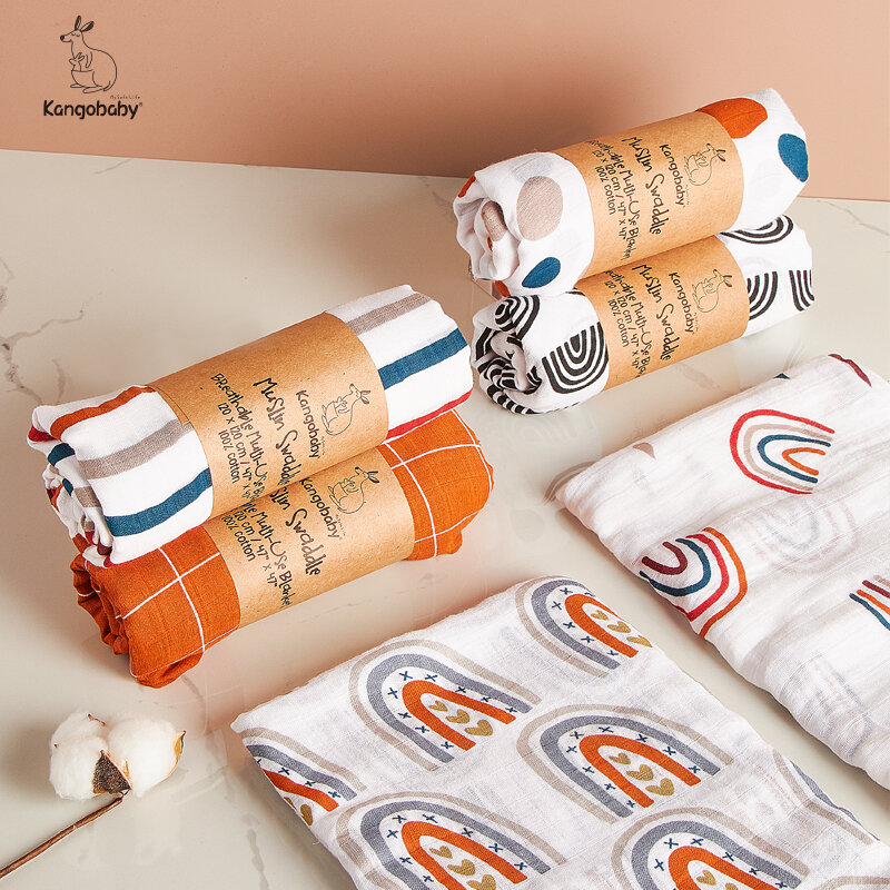 Kangobaby تصميم جديد 2 قطعة مجموعة مزدوجة الطبقات 100% القطن الوليد الطفل الشاش قماط بطانية