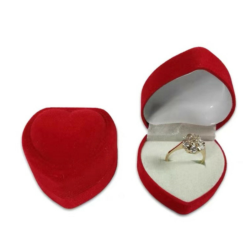 Veludo Vermelho Forma Do Coração Caixas De Anel, estojos De Exposição De Brincos, suporte De Anéis De Casamento, exibição Do Contador, caixa De Presente
