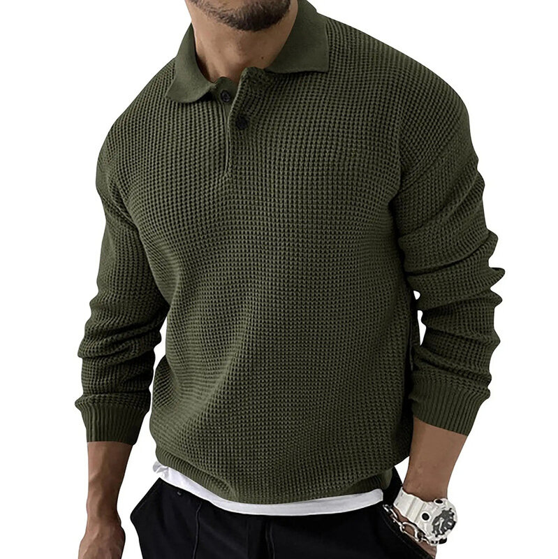 Camisa polo masculina de malha, pulôver monocromático de lapela, streetwear social, roupas casuais de negócios, suéter outono e inverno