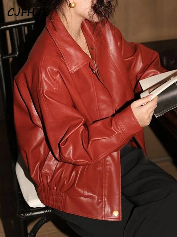 Cjfje-女性のためのヴィンテージの赤い革のジャケット,ストリートウェア,ジッパー,シックな革のコート,冬