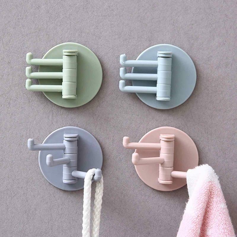 Self Adhesive Wall Hooks Key Towel Holder Clothes Bags Rack Hanger Powerful 3 Branch Rotating Hook Kitchen Bathroom Accessories
