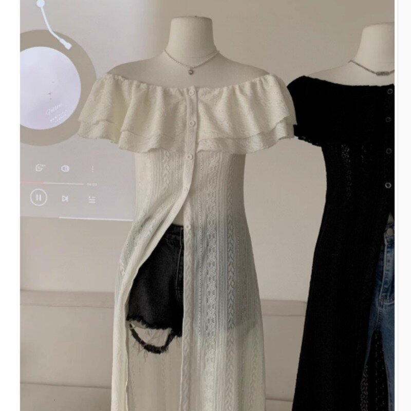 HOUZHOU Elegant Dresses for Women Korean Sweet Long White Black Midi Dress Vintage Sexy Streetwear Y2k Chiffon Dress Casual