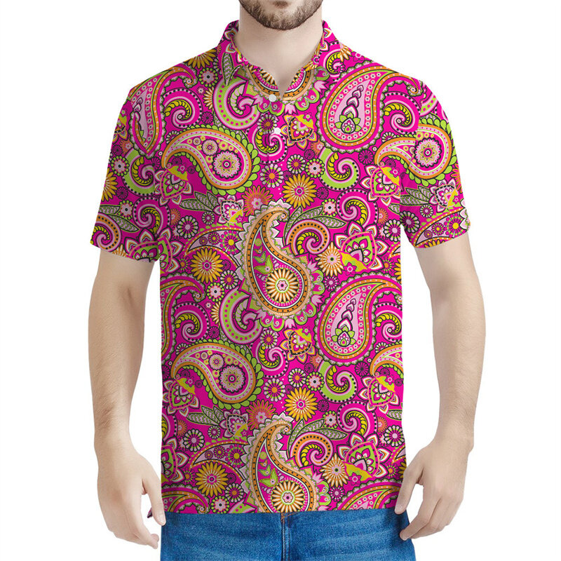 Camisa polo com estampa Paisley 3D masculina e feminina, estampa floral boêmia, manga curta, camiseta de lapela de verão, camiseta casual, vermelha