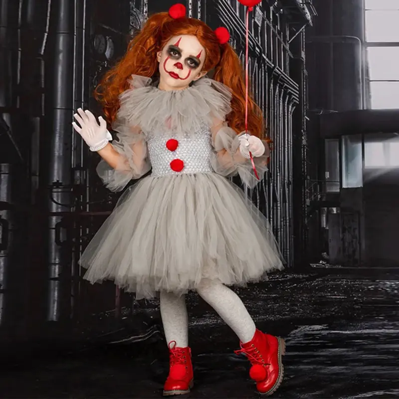 Halloween Girls Pennywise Tutu Dress Kids Cosplay Scary Gray Clown Costume Girl Performance Dress Up Masquerade Party Clothing