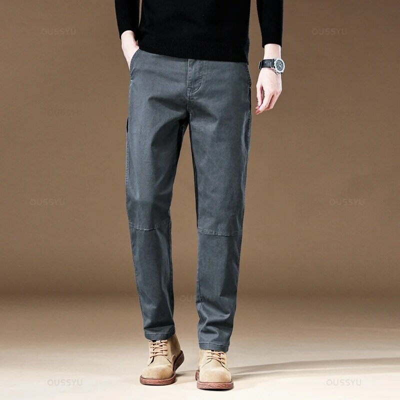 Odzież marki OUSSYU 2024 nowe męskie spodnie Cargo 97% bawełniane jednolity kolor odzież do pracy swobodne spodnie szerokie koreańskie spodnie do joggingu męskie