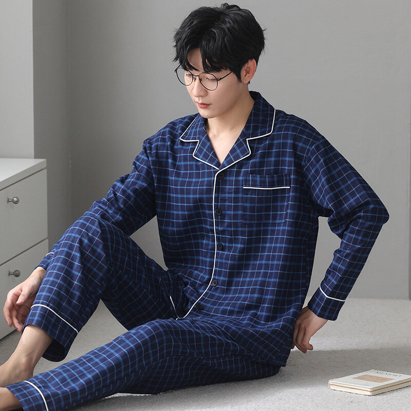 Spring Autumn Men's Thin Pure Cotton Pajamas Long Sleeve Cardigan Oversized Casual Comfortable Home Clothing Set
