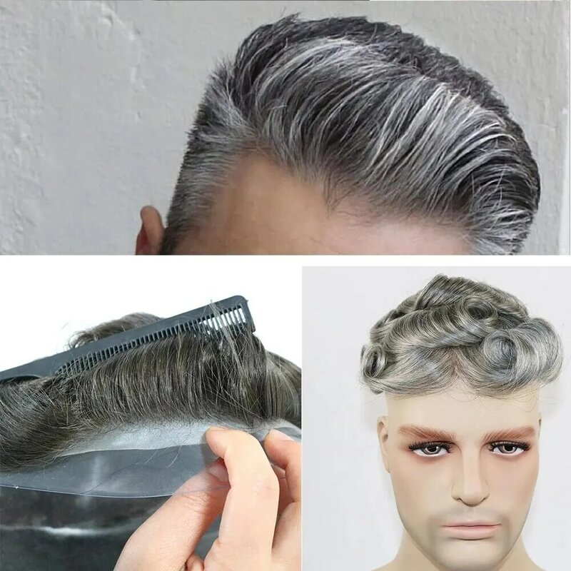 Indian Remy Hair Men Toupee Gray Natural Hairline Thin Skin Full PU Males Wig 0.06-0.08mm Replacement Systems