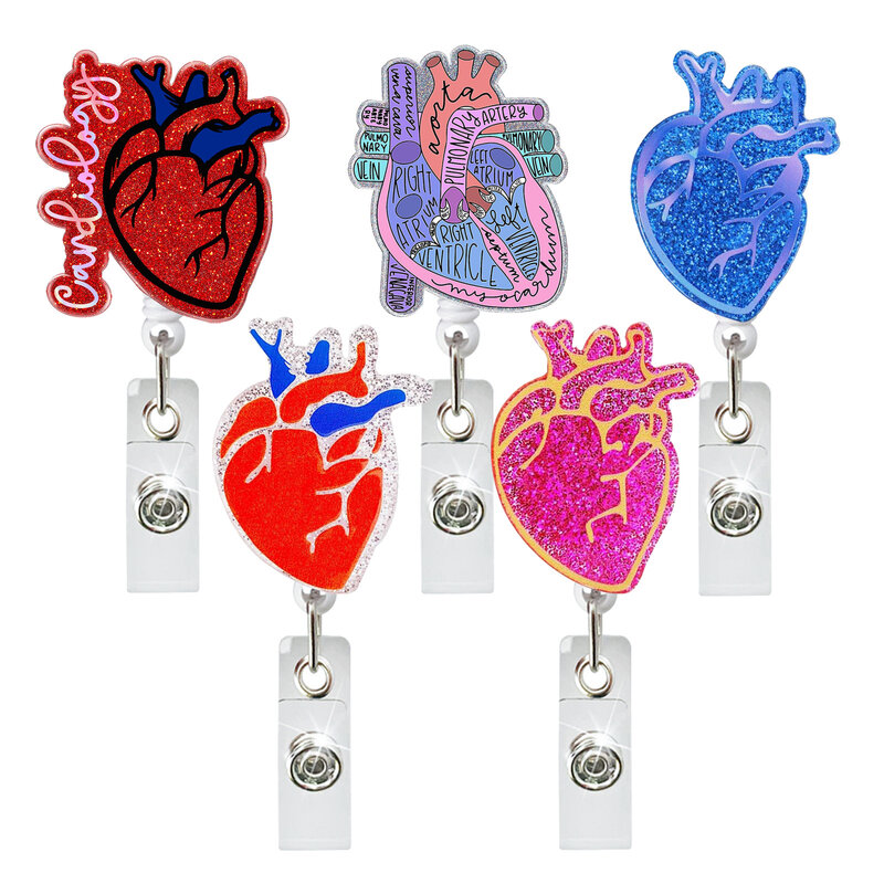 Telescópica Heart Shape Badge Holder, Glitter, Professor, Médico, Enfermeira, ID Clip, Rotação, Student Name Card, Reel Clip