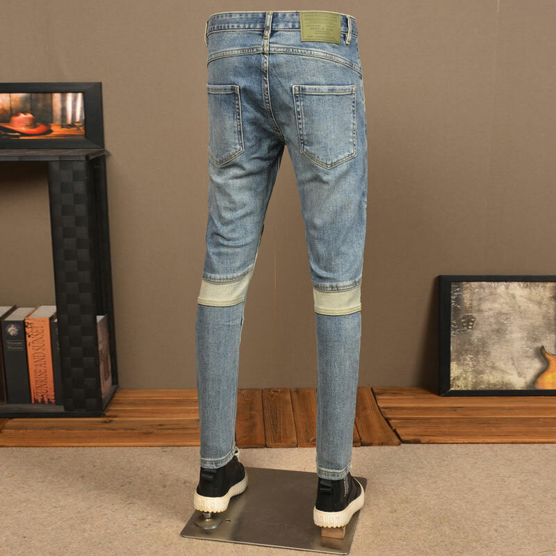 High Street Fashion Men Jeans Retro Washed Blue Stretch Slim Fit Patched Ripped Jeans Men Spliced Designer Hip Hop Denim Pants