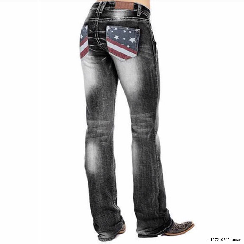 กางเกงยีนส์เอวสูงสำหรับผู้หญิงกางเกงวินเทจเอวสูงลายธงชาติอเมริกันทรง celana JEANS Harajuku