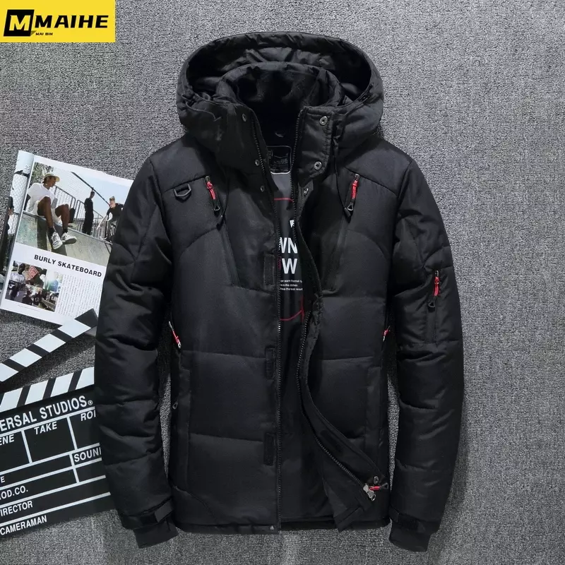 Chaqueta de plumón gruesa ultraligera militar para hombre, ropa de diseñador de lujo, abrigo de plumón blanco con capucha, chaqueta de invierno con cremallera negra