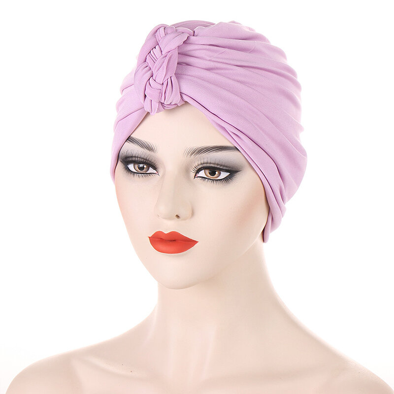 Bohemian Solid Color Braid Islamic Turban Cap Prayer Hats Head Hair Wraps Hijab Caps Women Muslim Cap Hair Loss Chemo Cap