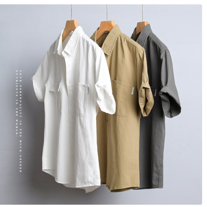 Summer Kaji Men's Workwear Short Sleeve Shirt, Casual Loose Cotton Shirt, Retro Solid Color Outdoor Top