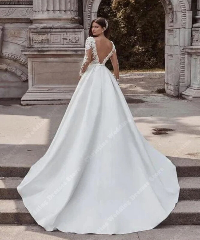 2024 White Women Wedding Dresses A-line Long Sleeves Lace Decals Mopping Length Bridal Gowns Elegant Princess Vestido De Fiesta